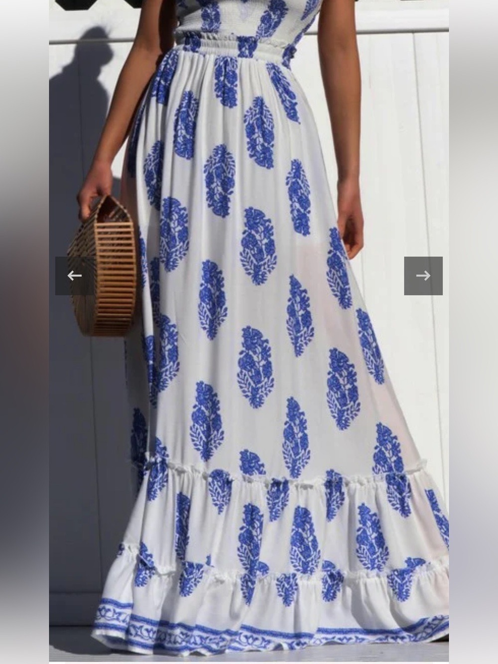DRESS DAY White & Blue Printed Maxi Skirt elastic waist raw seams size small